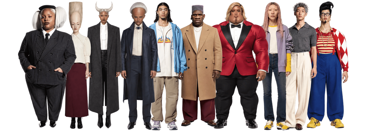 Source character lineup with enormous hairstyles, horns and oversized clothing